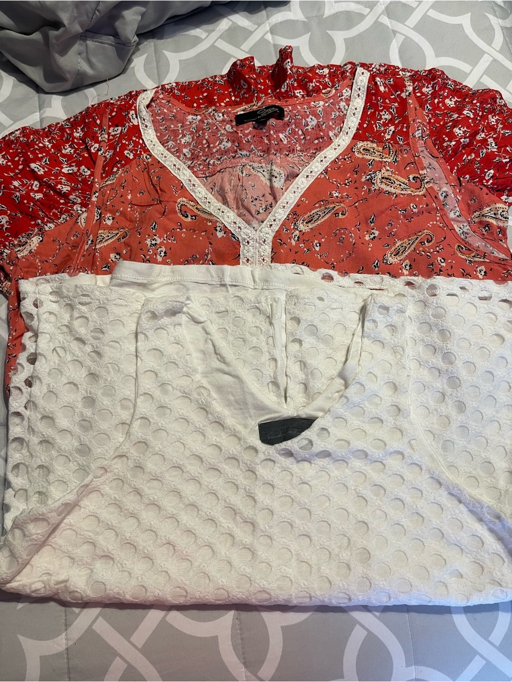 Red Paisley V-Neck Women’s Top with White Lace Trim & cream v-neck tank top